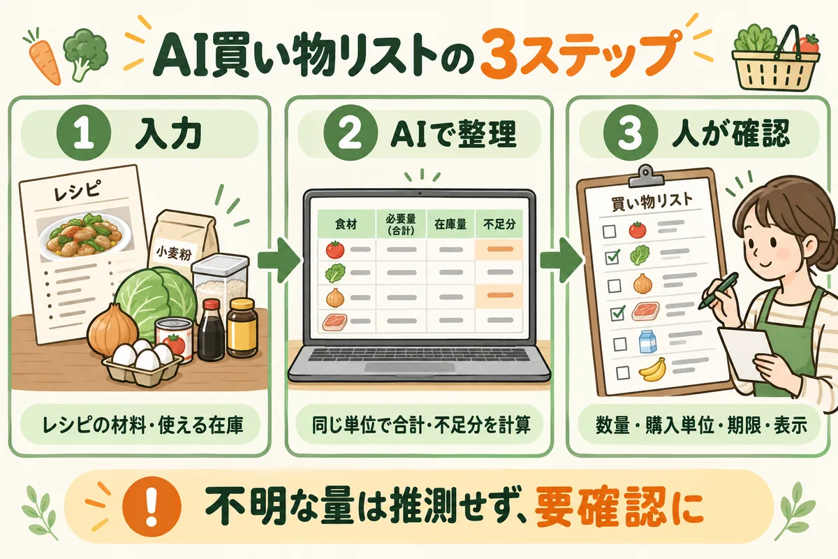 レシピの材料と使える在庫を入力し、AIで同じ単位にそろえて不足分を計算し、人が数量・購入単位・期限・表示を確認する手順