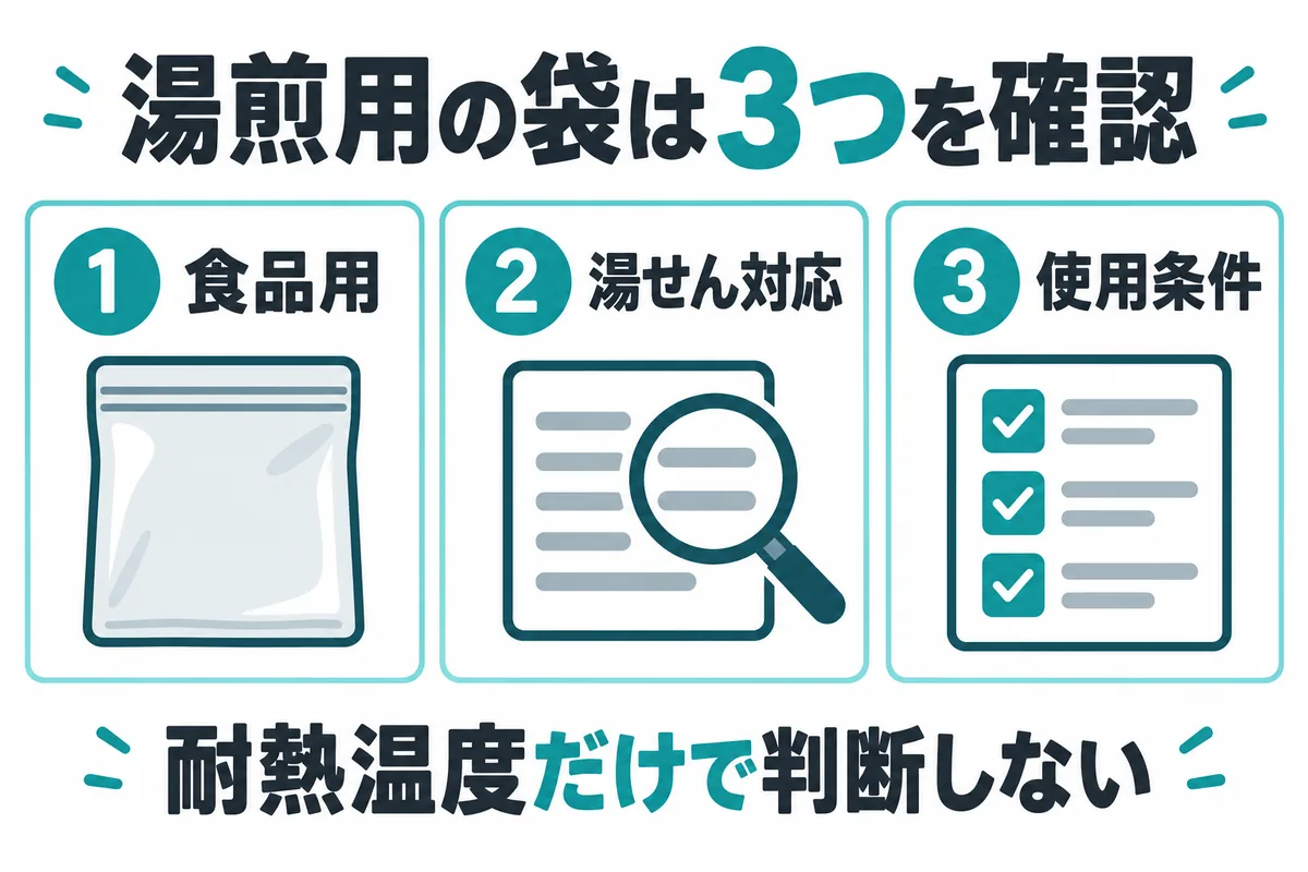 湯煎用の袋を選ぶときは、食品用・湯せん対応・使用条件の3つを確認し、耐熱温度だけで判断しない