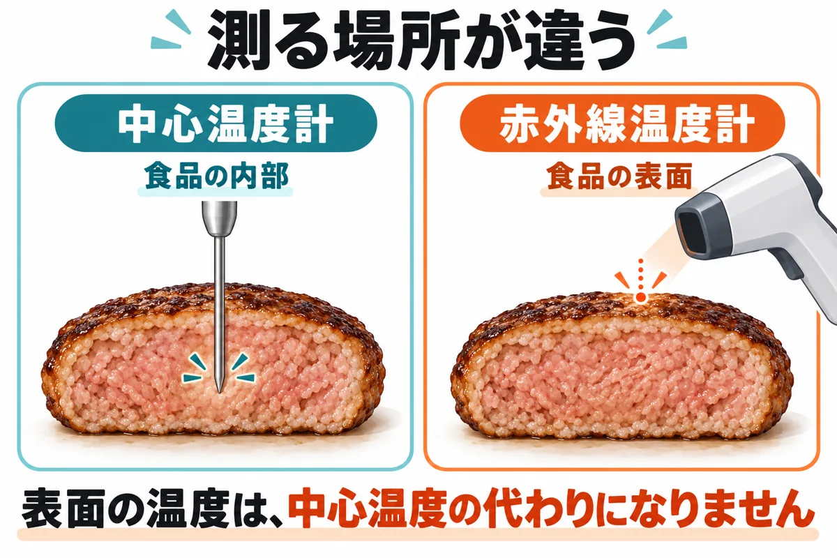 中心温度計は食品の内部、赤外線温度計は表面を測る。肉の加熱確認では表面の温度を中心温度の代わりにしない