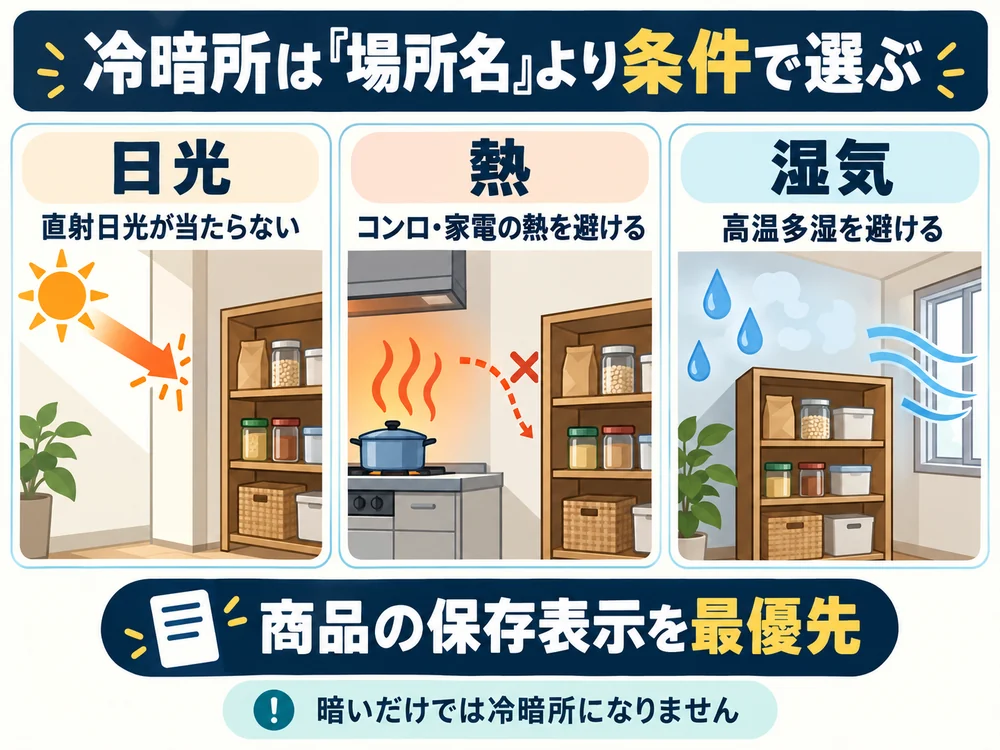 冷暗所の条件は直射日光を避けること、コンロや家電の熱を避けること、高温多湿を避けること。商品の保存表示を最優先にする