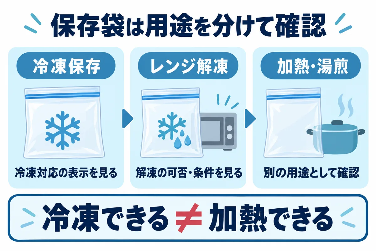 保存袋の冷凍対応、レンジ解凍の条件、加熱・湯煎の可否を別々に確認する図
