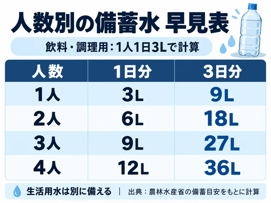 備蓄水の人数別早見表。1日分は1〜4人で3・6・9・12L、3日分は9・18・27・36L。飲料・調理用を1人1日3Lで計算