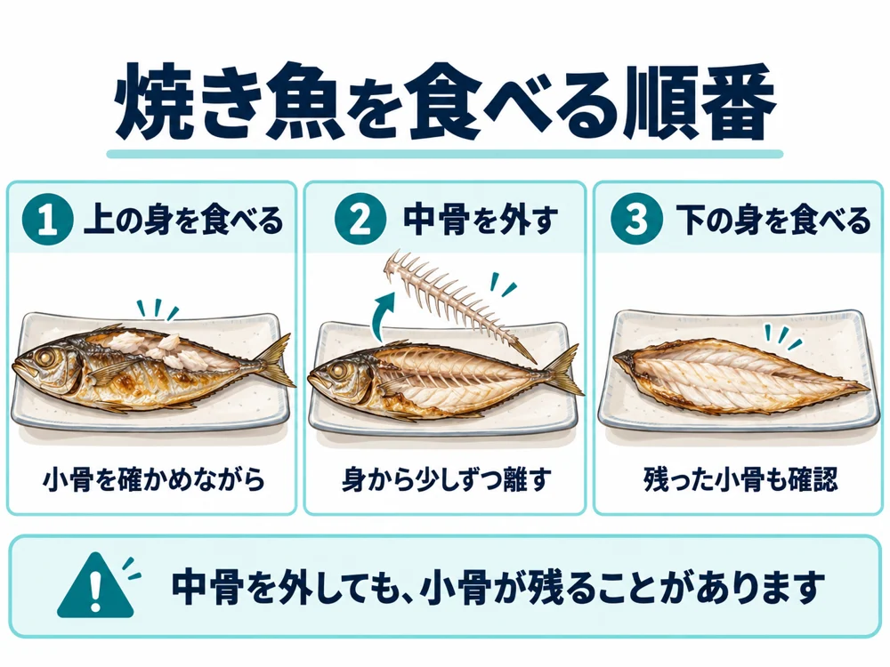 焼き魚は上の身を食べ、中骨を身から少しずつ離し、下の身に残った小骨を確認して食べる。中骨を外しても小骨が残ることがある