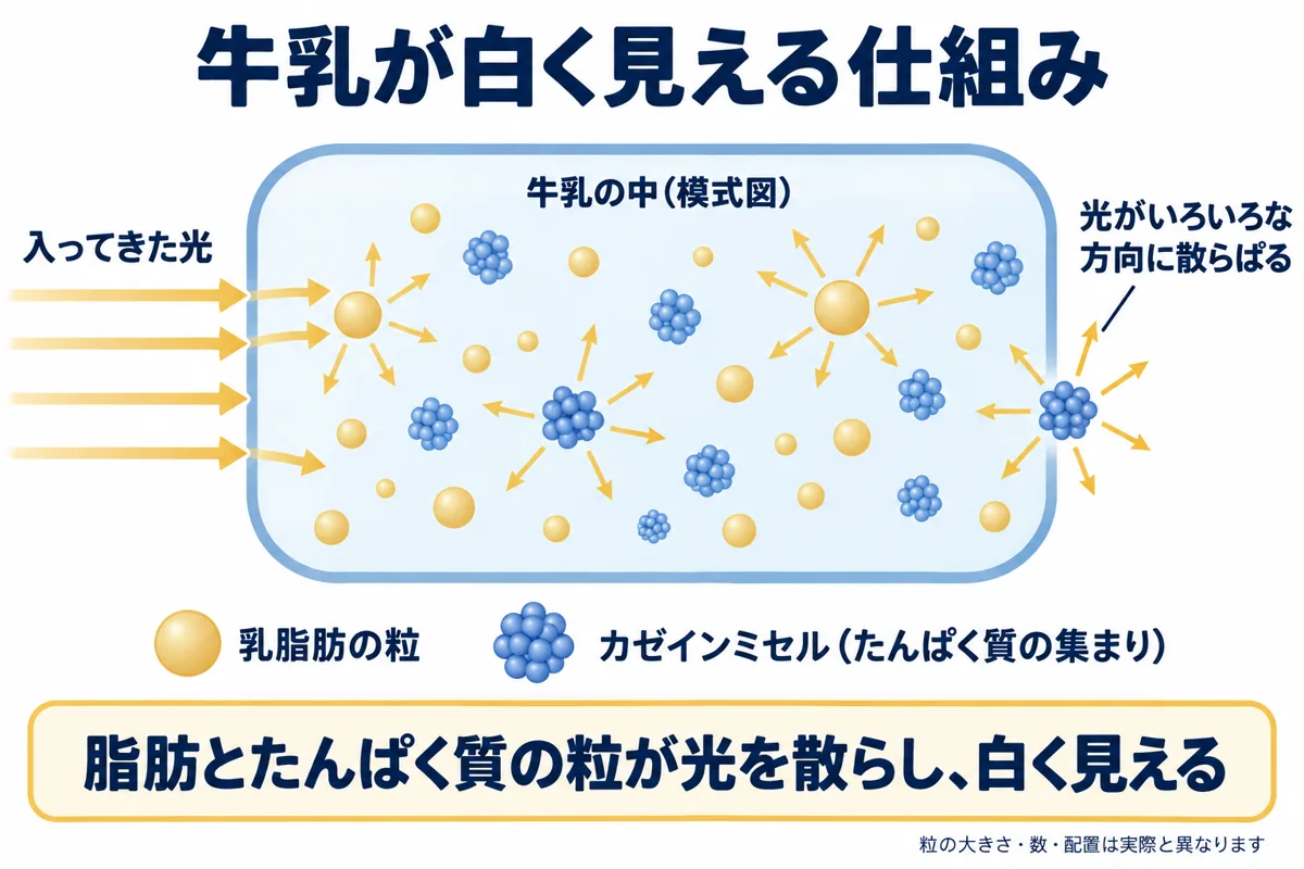 牛乳中の乳脂肪の粒とカゼインミセルに光が当たり、いろいろな方向に散乱して白く見える模式図
