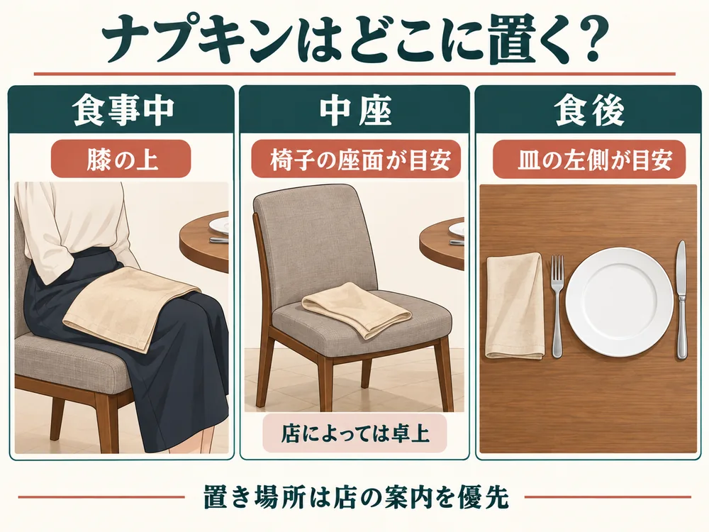 食事中は膝の上、中座は椅子の座面が目安だが店によっては卓上、食後は皿の左側が目安。置き場所は店の案内を優先する