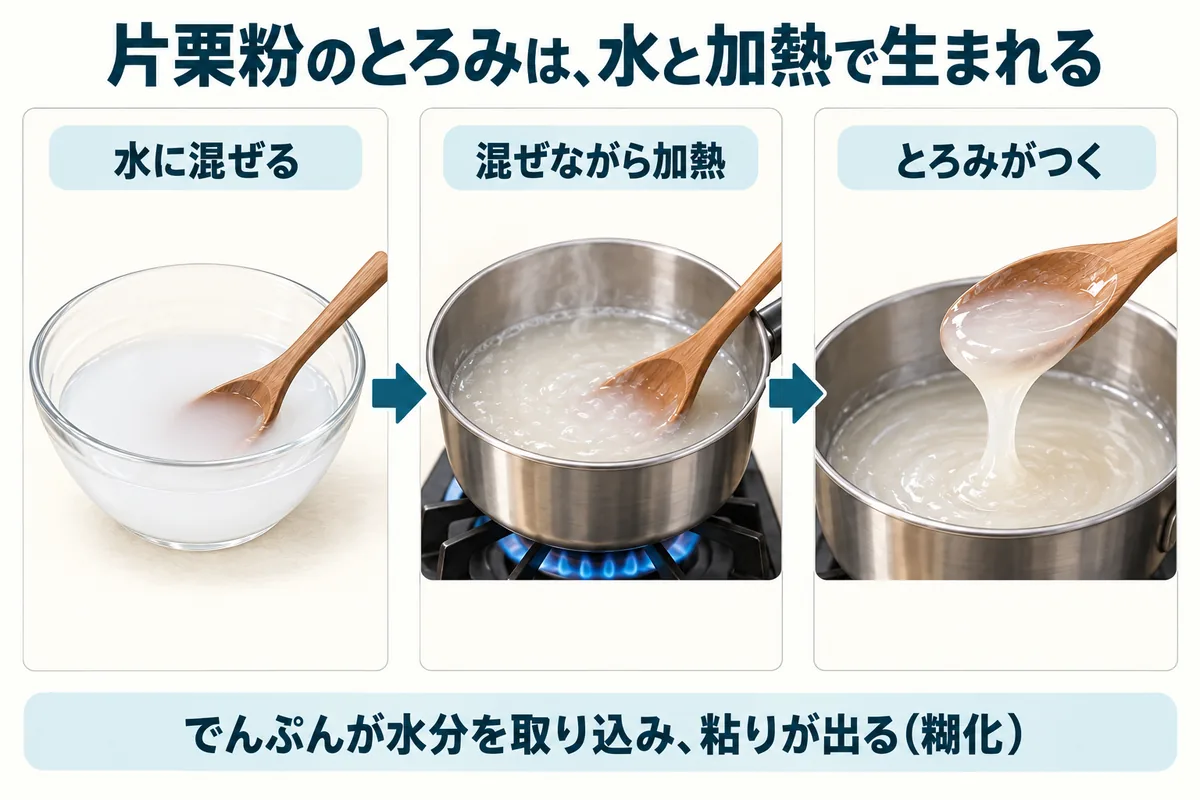 片栗粉を水に混ぜ、混ぜながら加熱すると、でんぷんが水分を取り込んで粘りが出る仕組み