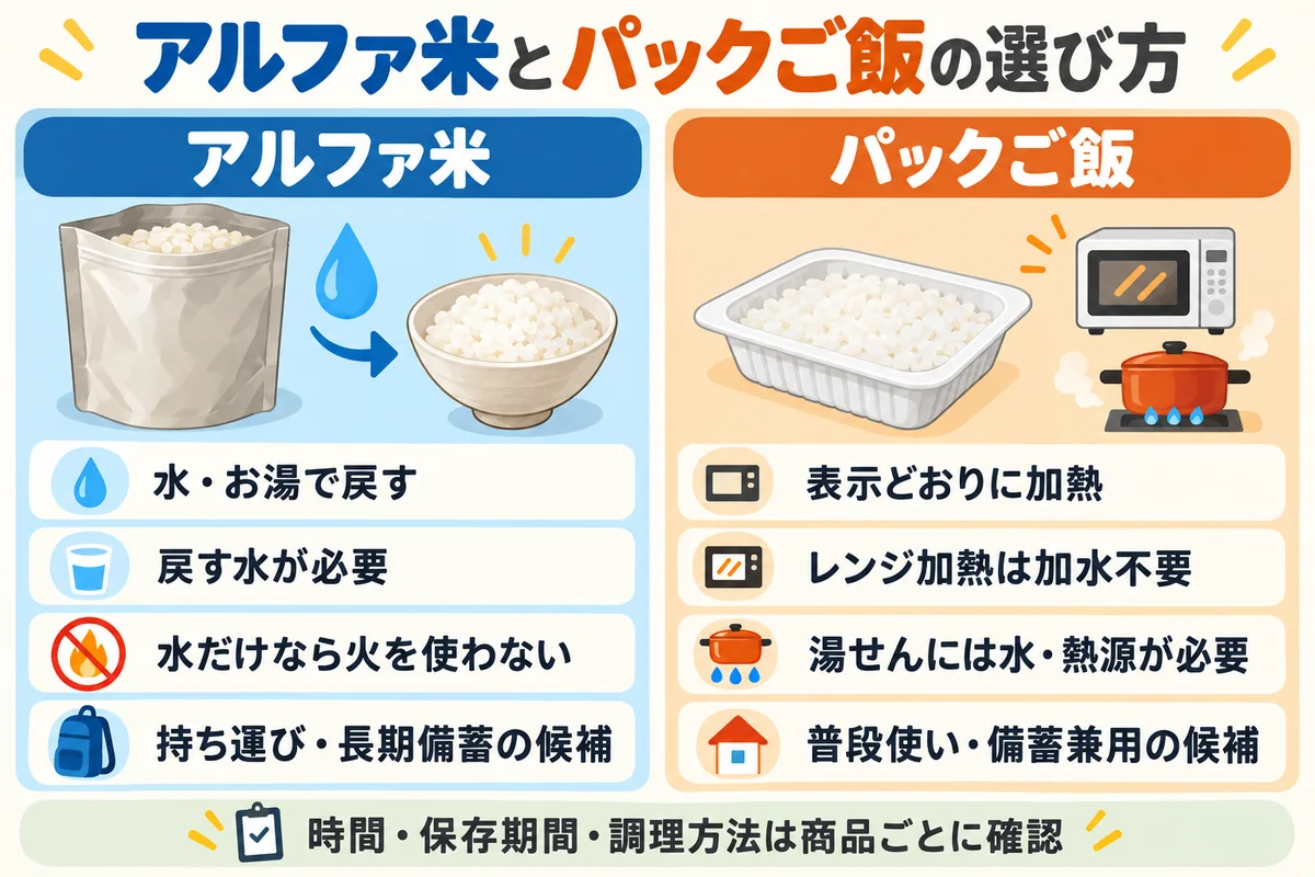 アルファ米は水やお湯で戻し、水だけなら火を使わず調理。パックご飯は表示どおり加熱し、レンジでは加水不要、湯せんには水と熱源が必要。時間や保存期間は商品ごとに確認する比較図