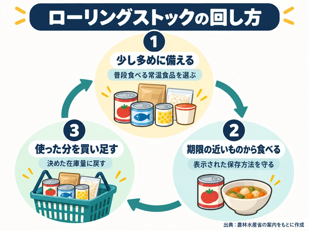 ローリングストックの手順。普段食べる常温食品を少し多めに備え、期限の近いものから食べ、使った分を買い足して在庫量を保つ