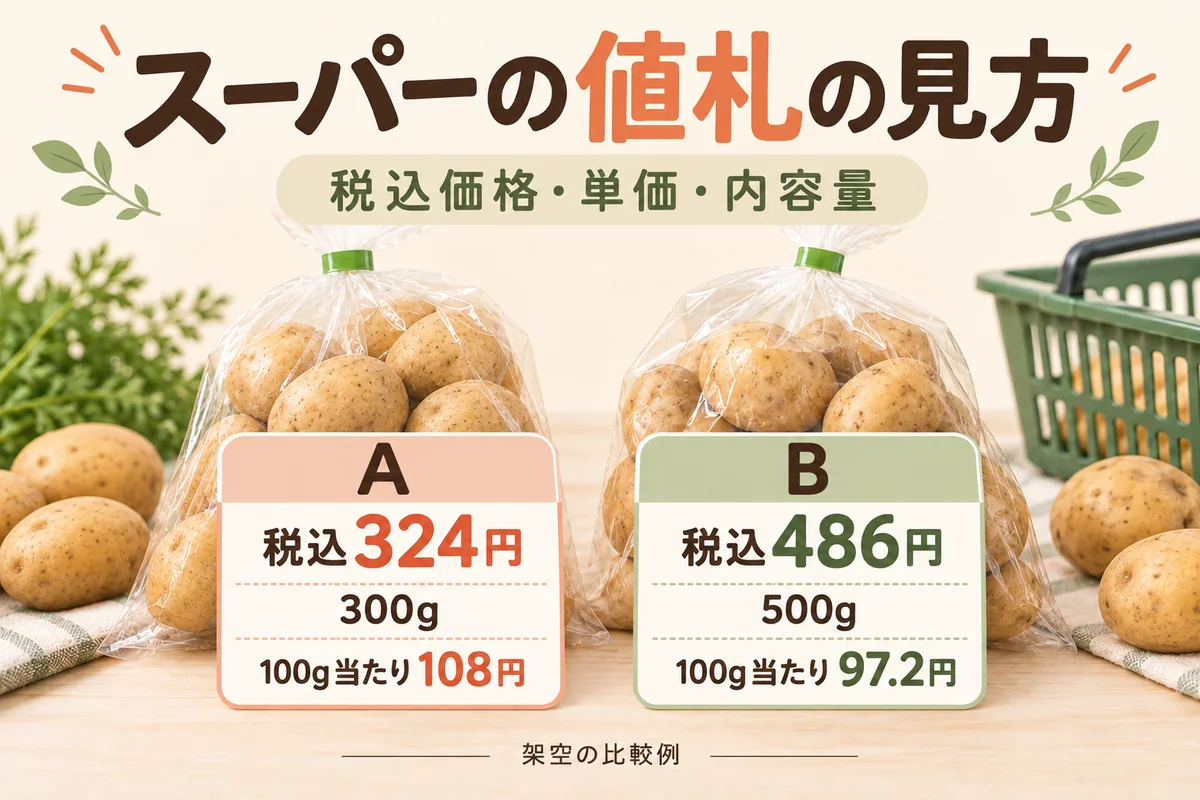スーパーの値札の見方｜100g単価・税込価格・内容量の比べ方