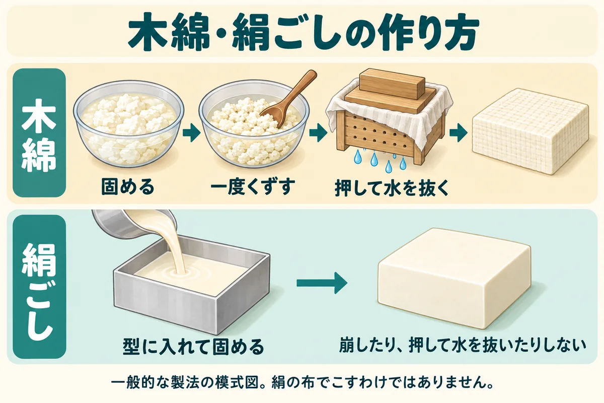木綿豆腐は固めて崩し、押して水分を抜く。絹ごし豆腐は型の中でそのまま固める製法の模式図