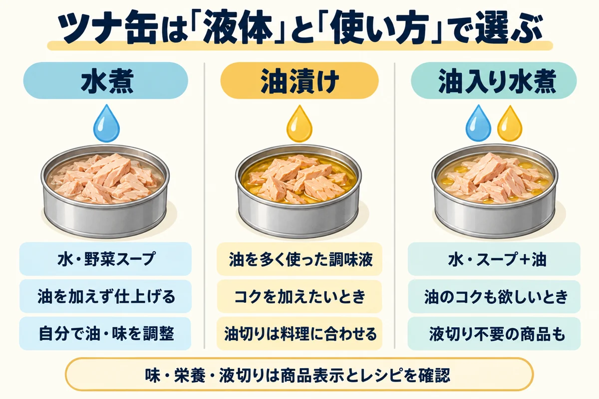 水煮は油を加えず水や野菜スープで仕上げ、油漬けは油を多く使った調味液、油入り水煮は水やスープと油を使用。使い方と液切りは商品表示やレシピで選ぶ比較図