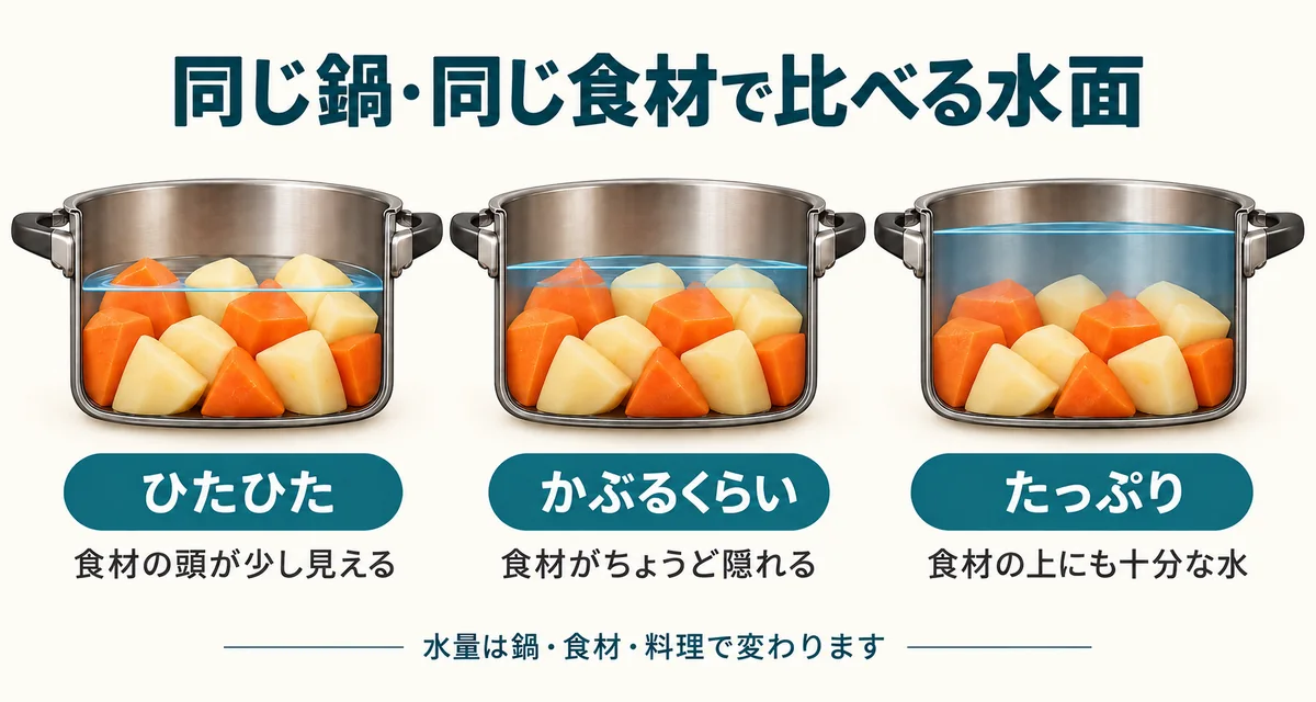 同じ鍋と食材で、ひたひたは食材の頭が少し見え、かぶるくらいは全体が隠れ、たっぷりは食材の上にも水がある比較図